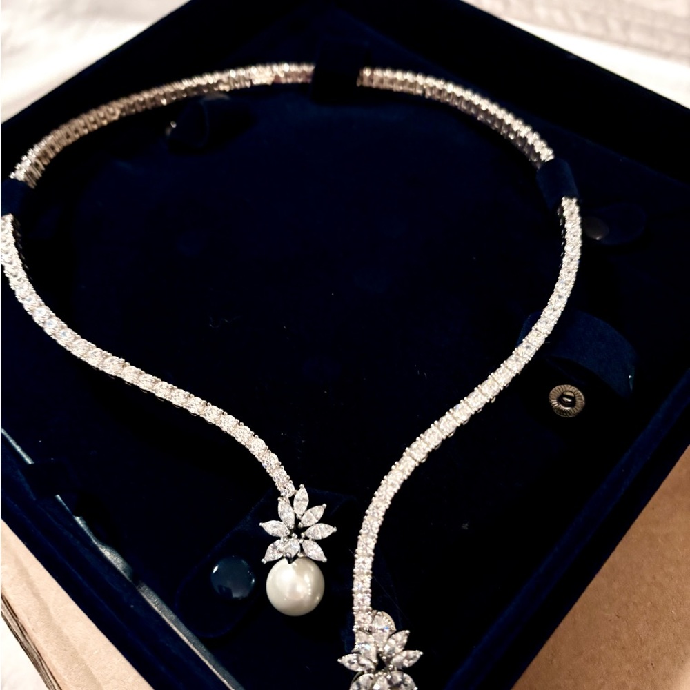 Open Design Round Created Pearl Sapphire Pendant Necklace